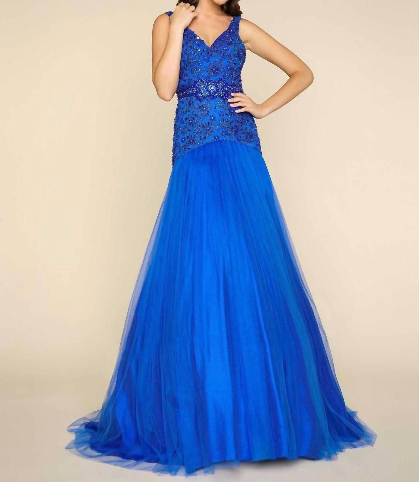Mac Duggal - Deep V-neck Floor Length Ball Gown