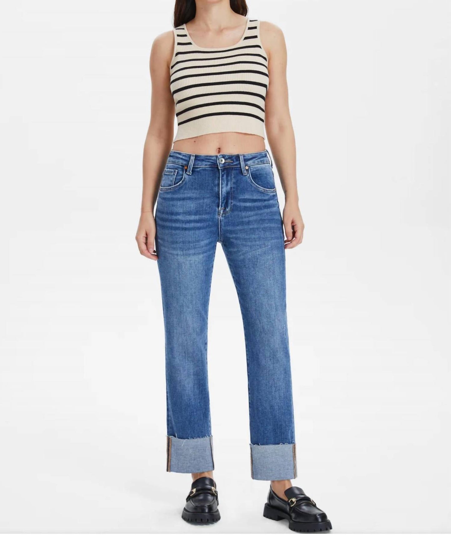 Bayeas - High Rise Rolled Hem Straight Jeans