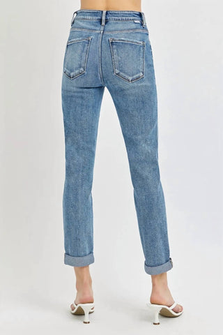 Risen - Calça jeans cropped de cintura alta e enrolada tamanho grande