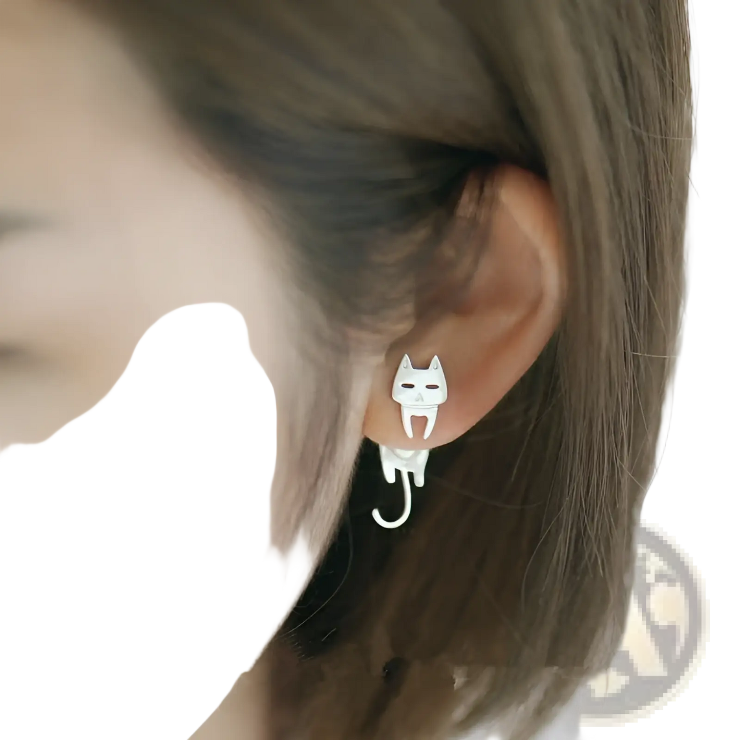 925 Sterling Silver Asymmetric Cat and Fish Stud Earrings