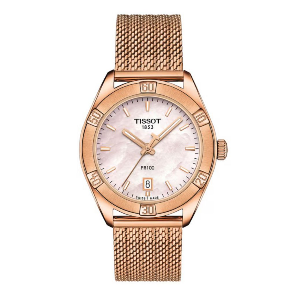 Relógio Tissot PR 100 Swiss Made Quartz com mostrador MOP e pulseira para mulheres