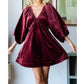 Veveret - Velvetpuff Sleeve Deep V-Neck Short Dress