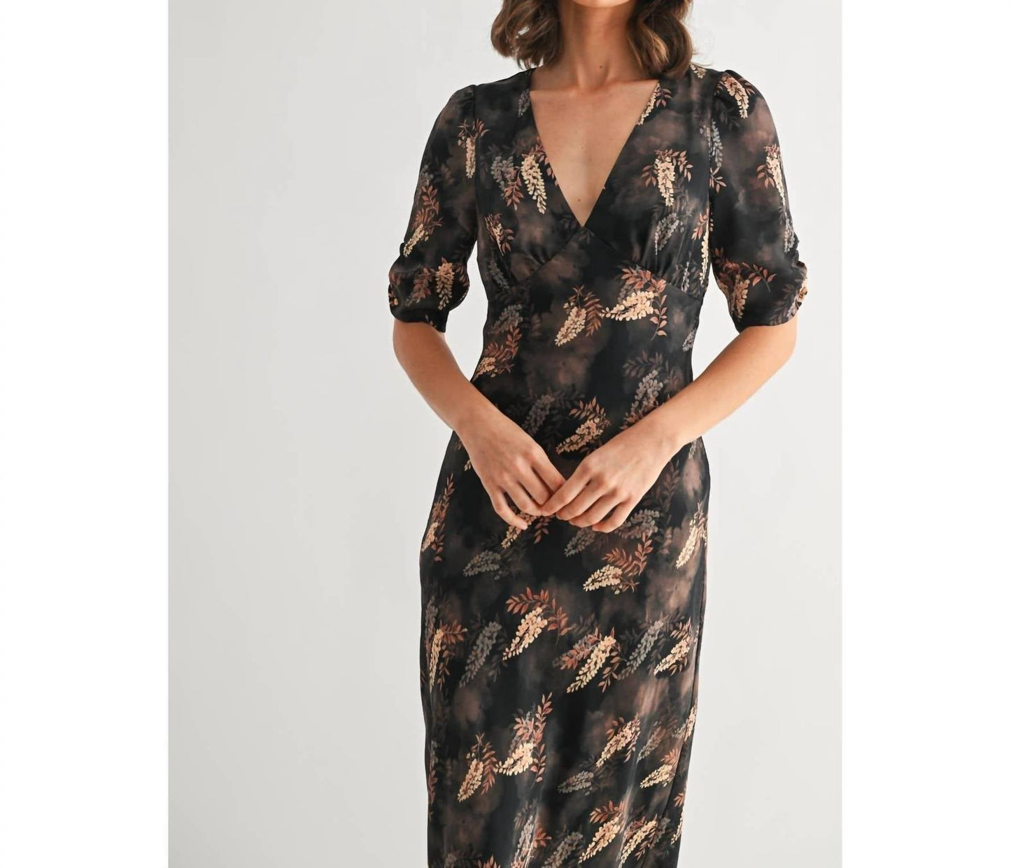Fun 2 Fun - Leaf Print Satin Midi Dress