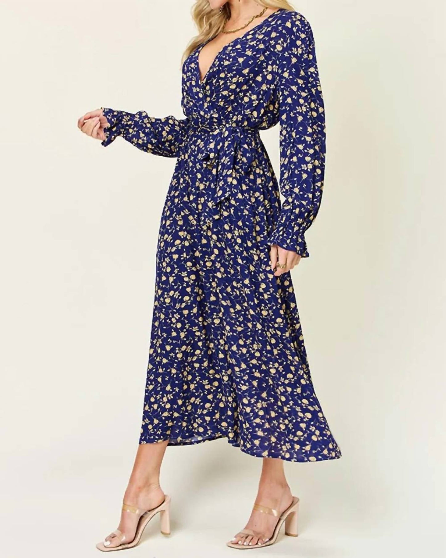 Double Take - Women's Full Size Tie Back Flounce Sleeve Dress