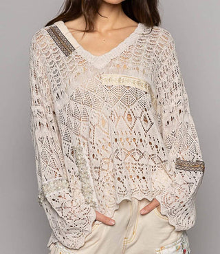 Pol - Blusa de manga comprida em crochê natural com detalhes de acabamento