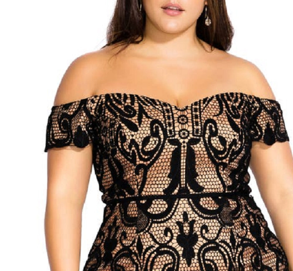 Vestido de coquetel City Chic feminino com renda e ombros à mostra, preto, tamanho 20W