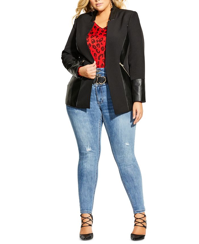 Blazer feminino City Chic Trendy Plus com acabamento em couro sintético, preto, tamanho 20W