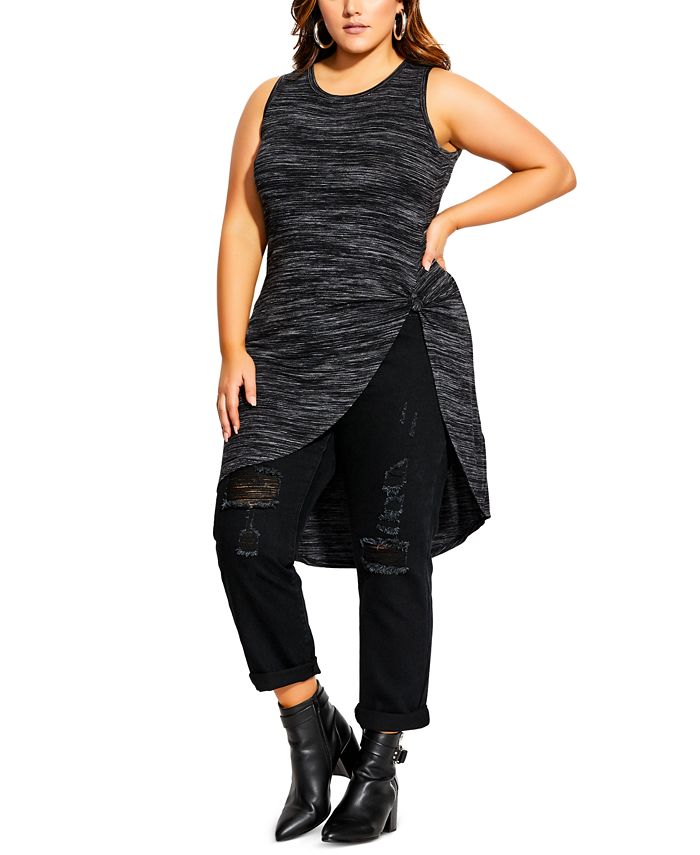 Top longo com nó City Chic feminino, moderno e longo, preto, tamanho 18W