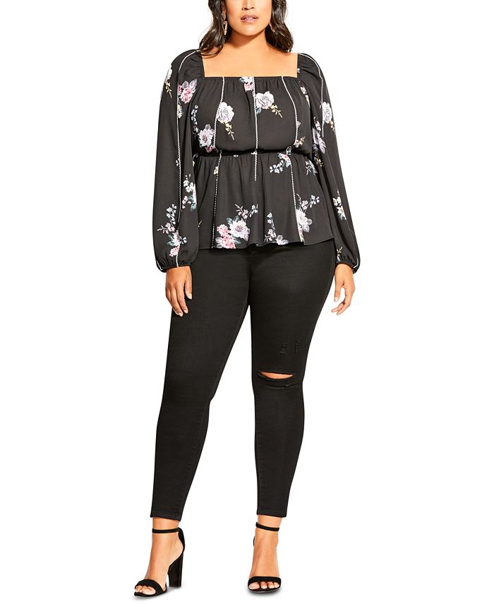 Top feminino City Chic Trendy Plus French Blooms preto tamanho 18W