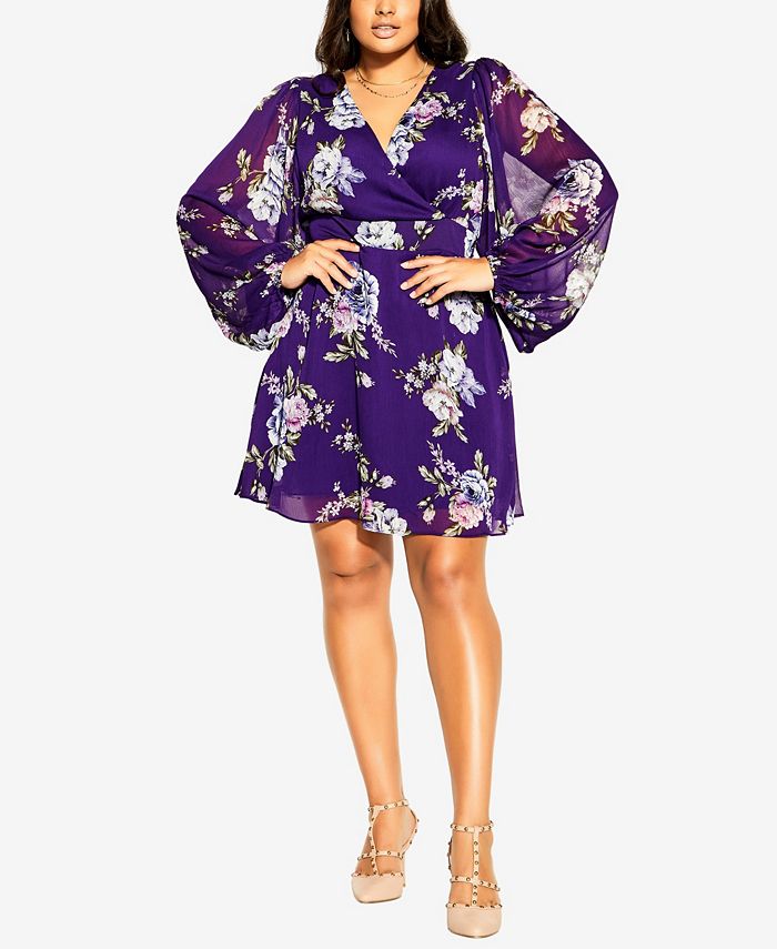Vestido curto floral selvagem feminino City Chic roxo tamanho 14W