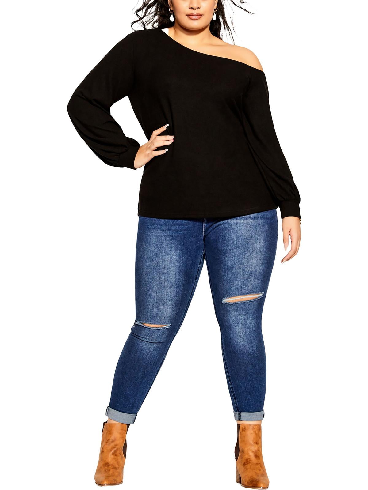 Blusa de um ombro só de manga comprida City Chic, preta, tamanho XXL