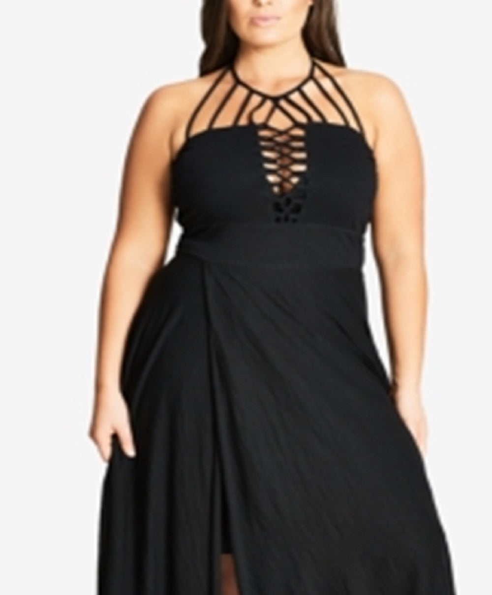 Vestido longo feminino City Chic com alças assimétricas e alças falsas, preto, tamanho 22W