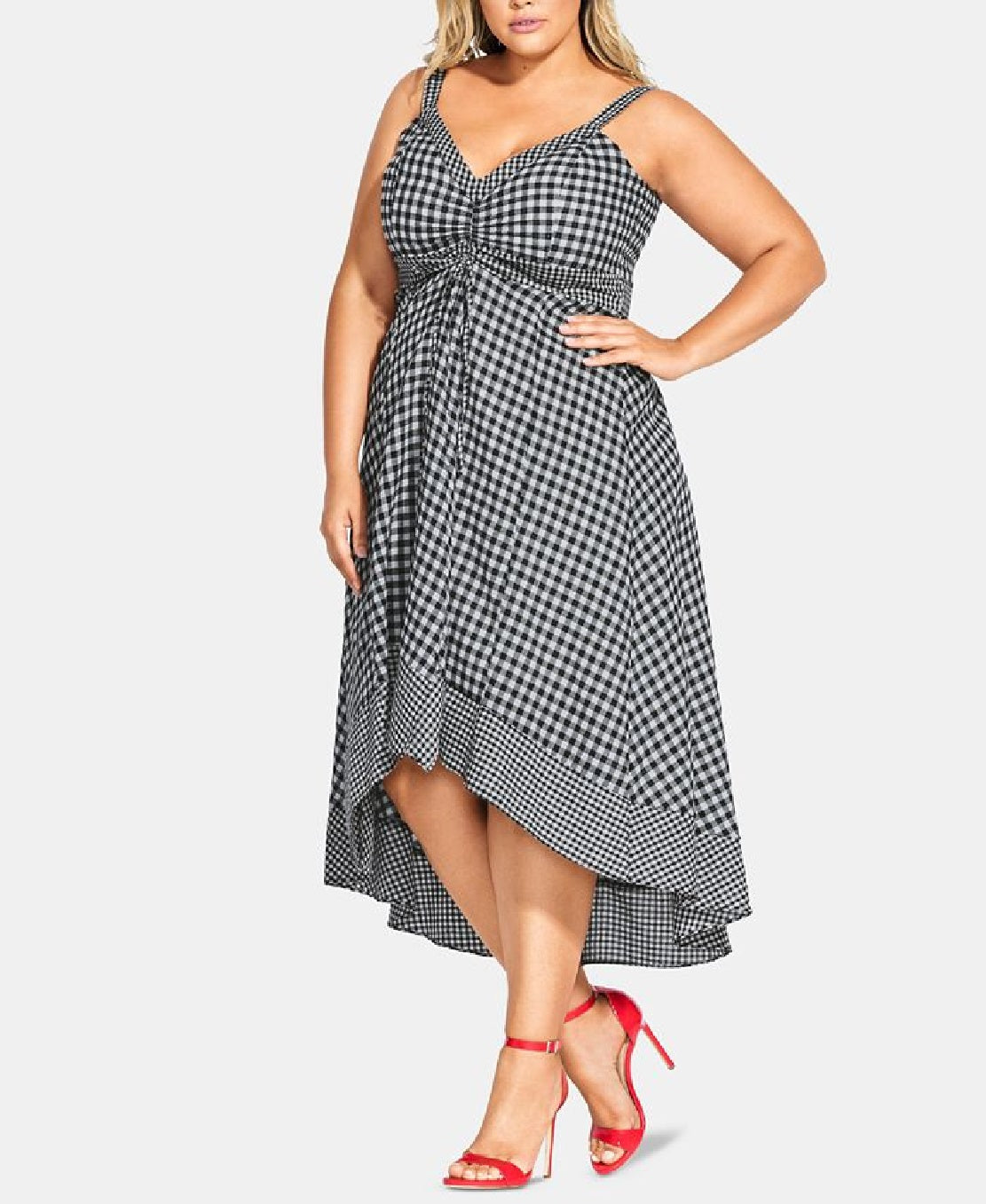 Vestido feminino City Chic com estampa xadrez, justo e evasê, preto, tamanho 16W
