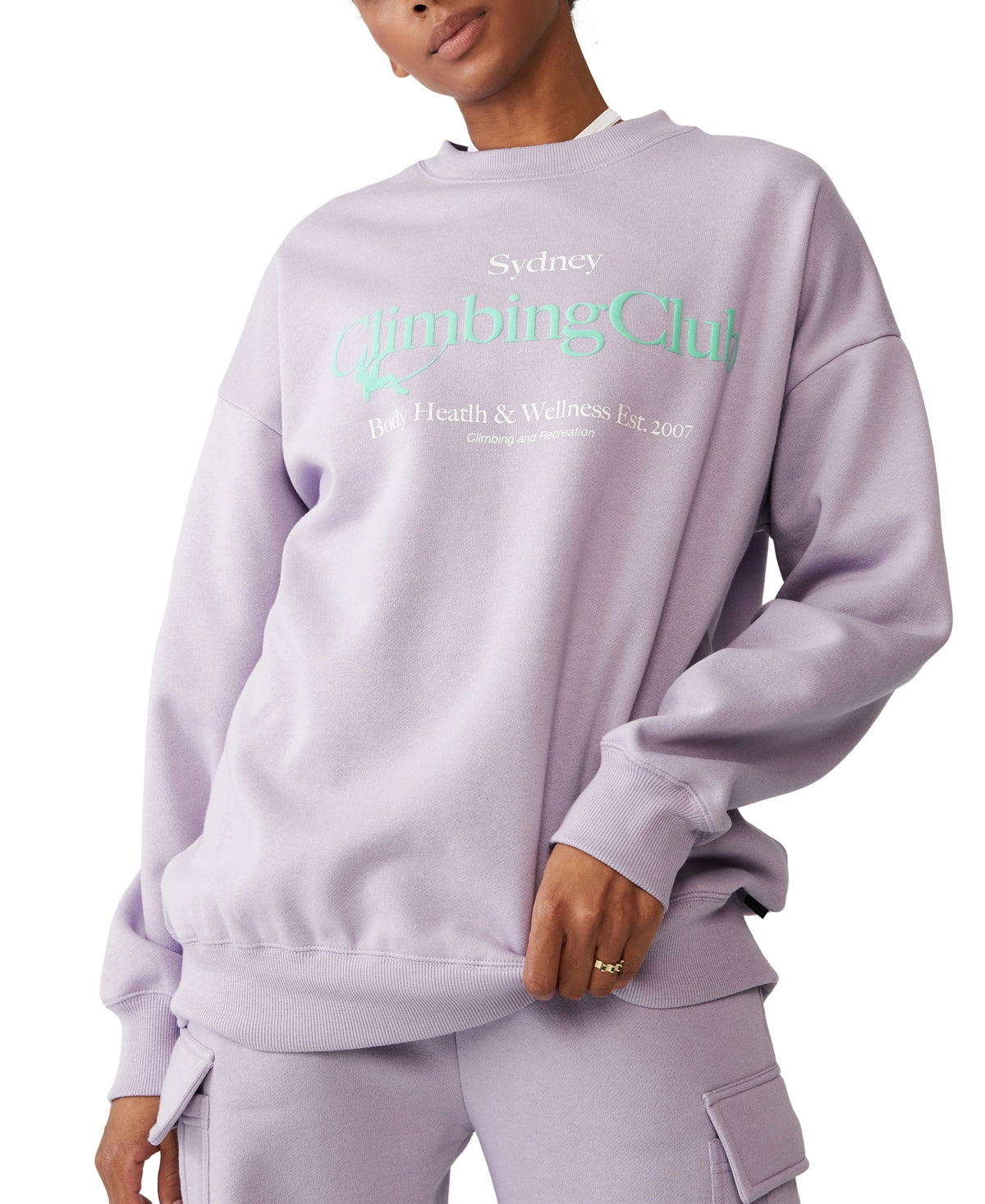 Suéter feminino estilo vida grande com gola redonda e estampa gráfica, tamanho grande, roxo, algodão on