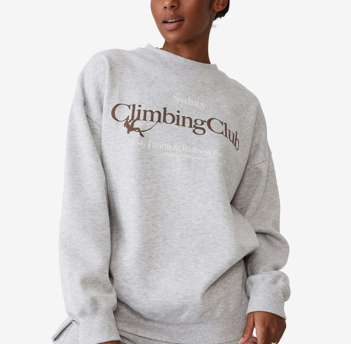 Suéter feminino estilo vida grande com gola redonda e estampa gráfica, tamanho médio, cinza, algodão on