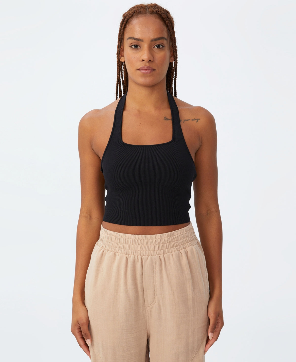 COTTON ON Top feminino de malha com decote torcido e alças finas, preto, tamanho grande