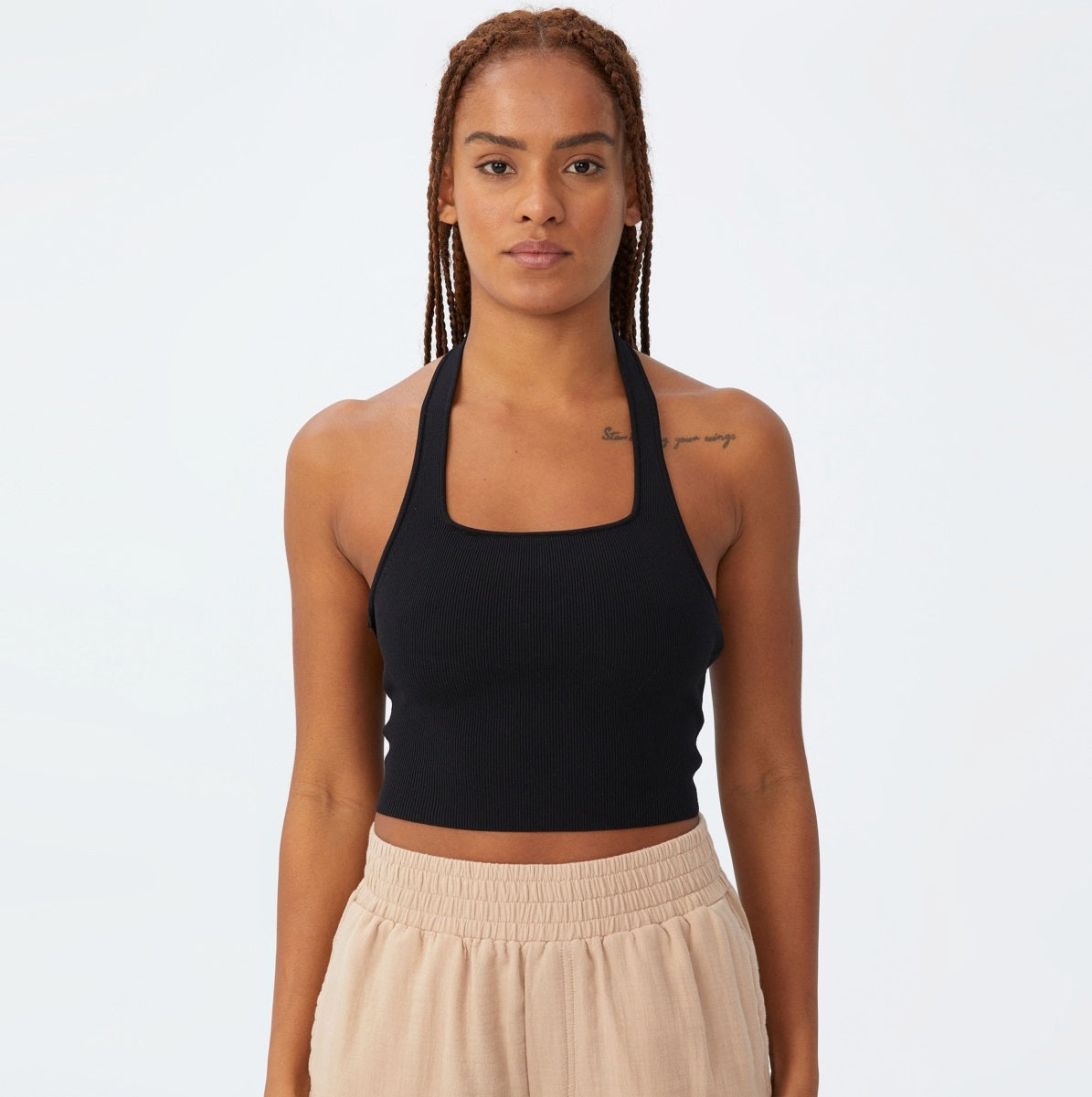 COTTON ON Top feminino de malha com decote torcido e alças finas, preto, tamanho médio