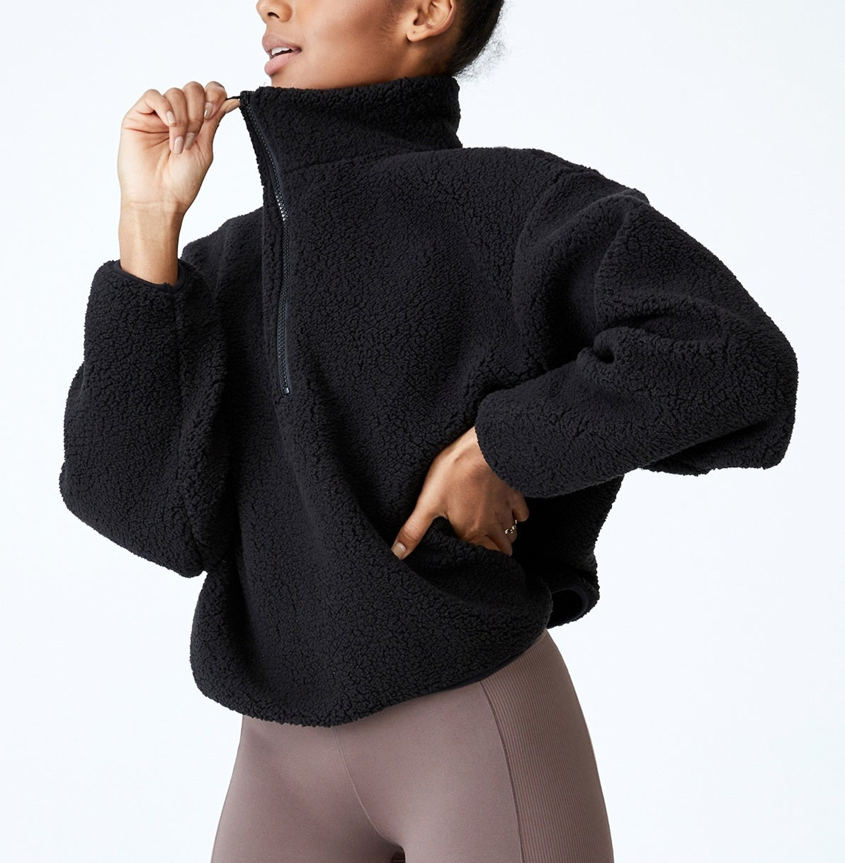 Suéter feminino COTTON ON Crop Sherpa com zíper e meio zíper, preto, tamanho pequeno