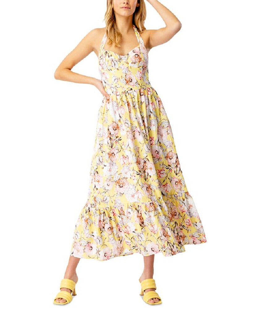 Vestido midi floral com alças finas Bardot Labella para mulheres, amarelo, tamanho 2