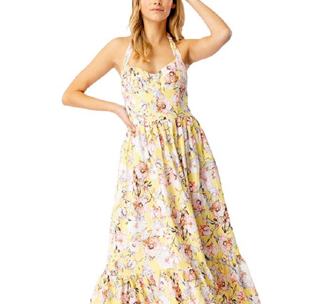 Vestido midi floral com alças finas Bardot Labella para mulheres, amarelo, tamanho 2