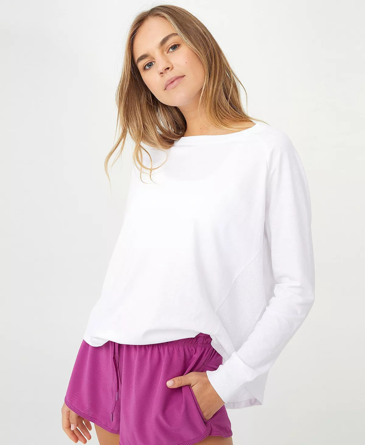 Top de manga comprida com nervuras ativas Cotton On para mulher, branco, tamanho médio