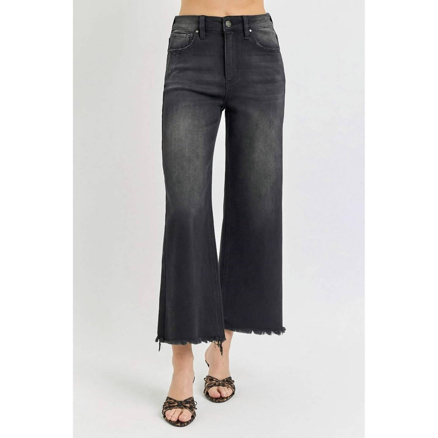 Risen - Women's High Rise Frayed Ankle Wide Jeans