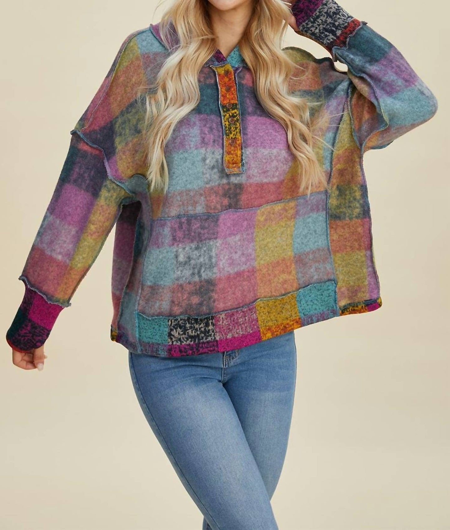 Double Take - Cozy Plaid Oversized Hoodie