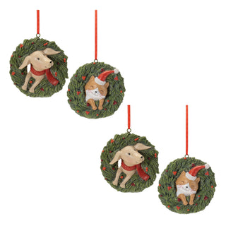 Playful Cat and Dog in Pine Wreath Ornament (Set of 4)