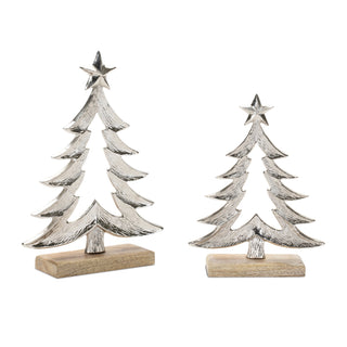 Metal Christmas Tree with Wood Base (Set of 2)