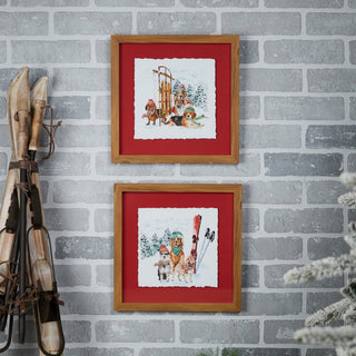 Framed Dog Sled and Ski Print Under Glass (Set of 2)