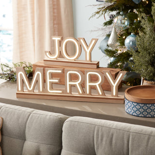 LED Joy and Merry Tabletop Sign (Set of 2, beige)