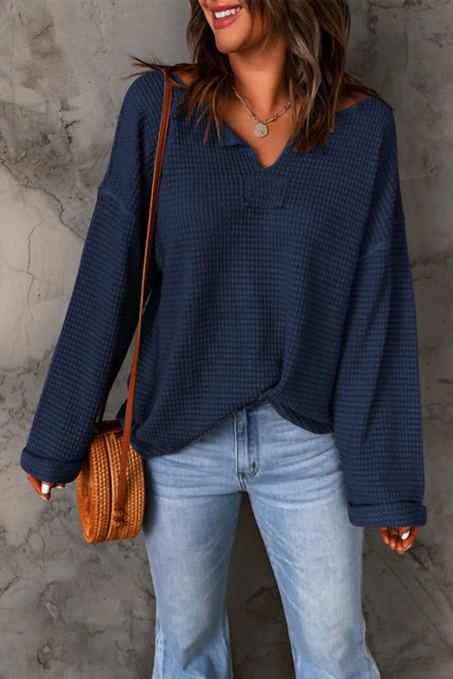 1 The Woman - Whitney Waffle Knit Long Sleeve Top