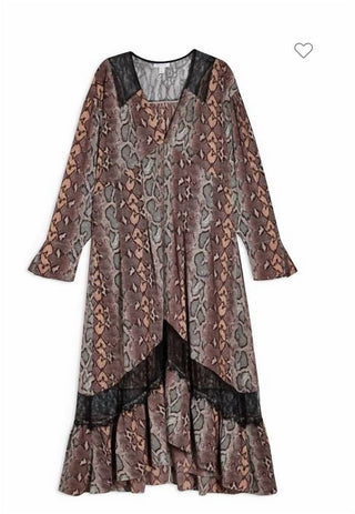 Topshop - Vestido midi com corte em A e acabamento em renda e estampa de cobra