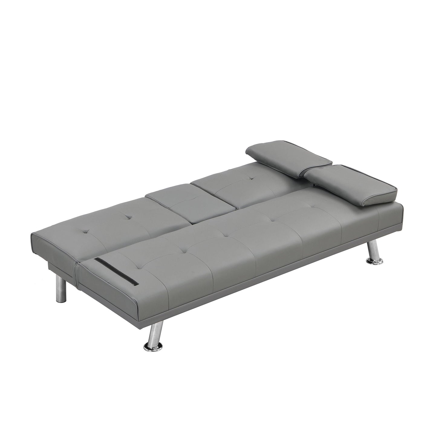 Sofa Bed With Armrest Two Holders Wood Frame, Stainless Leg Futon - Gray