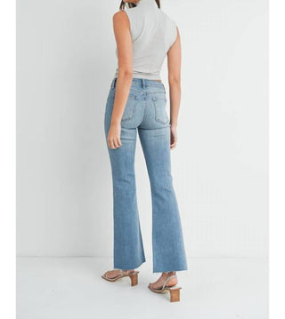 Just Black Denim - Calça jeans flare de cintura alta com bainha desgastada