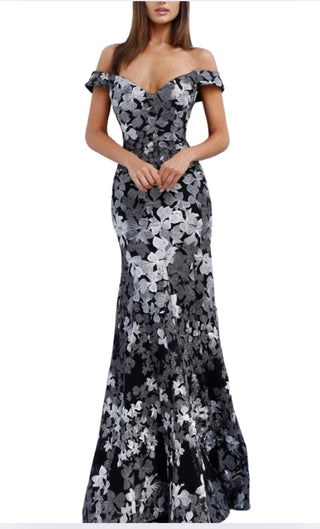 Jovani - Vestido decote ombro a ombro bordado em dois tons