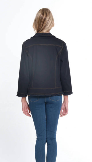 Multiples - Jaqueta jeans com franjas e manga 3/4 com punho e zíper