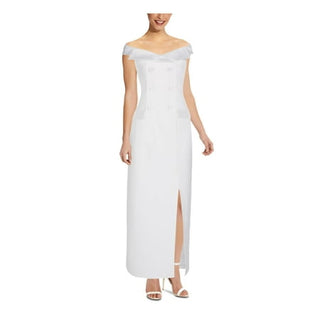 Women's White Slitted Tuxedo Sleeveless Off Shoulder Maxi Evening Sheath Dress