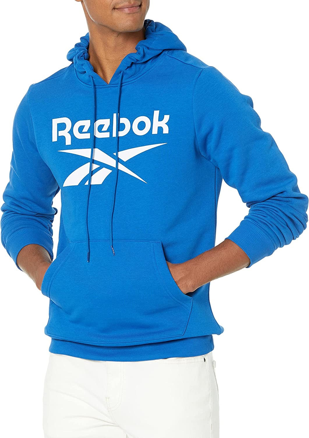Reebok Moletom com capuz masculino com estampa de logotipo azul, tamanho GG