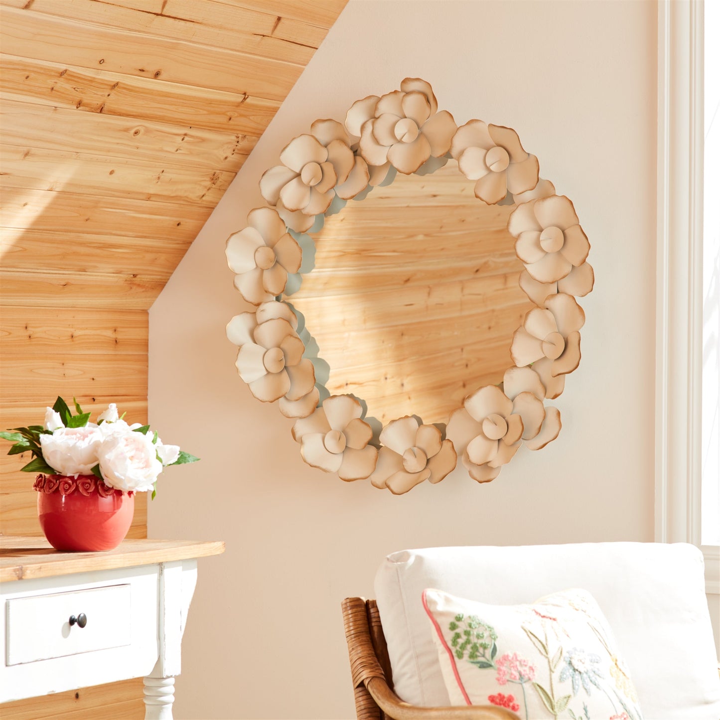 Metal floral sculpture wall mirror 32"d