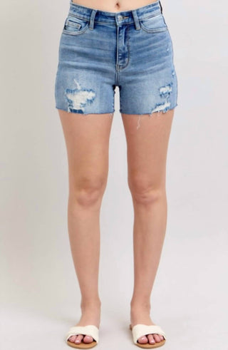 Judy Blue - High Waist Denim Shorts With Stitch Over Destroy Detail