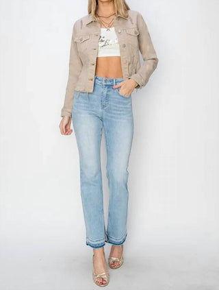 Risen - Jaqueta jeans cropped com botões e bainha crua tamanho grande plus size