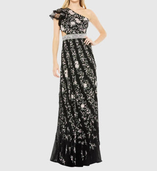 Mac Duggal - Vestido de um ombro só com babados e bordado e cadarço