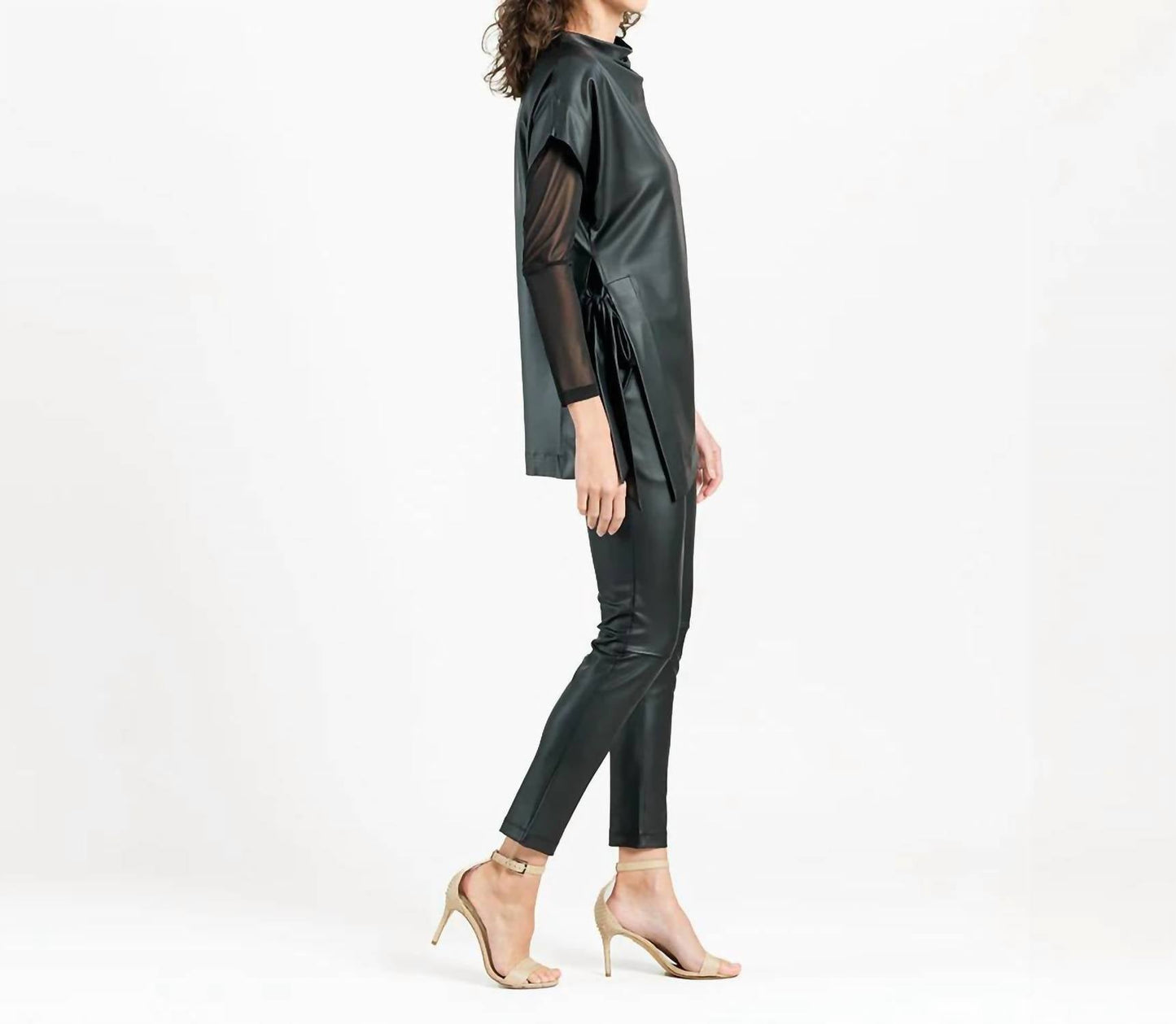 Clara Sunwoo - Liquid Leather Funnel Neck Side Vent Tie Tunic