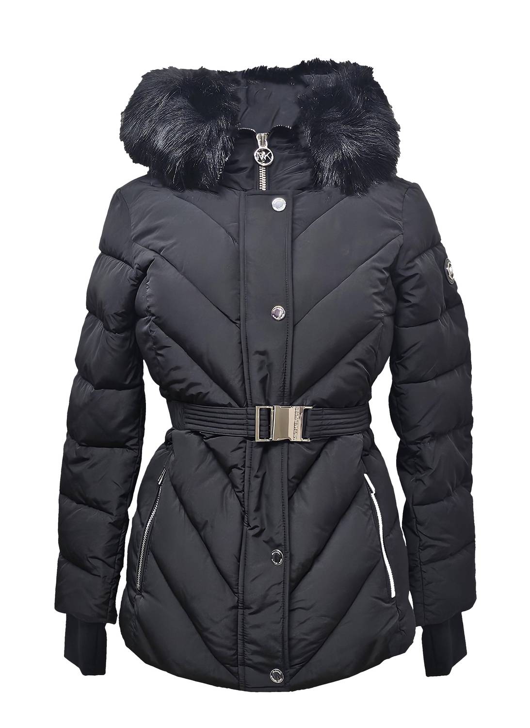 Michael Kors - Women's Belted Down Chevron Scutab Stretch Quilted Faux Fur Coat Jacket