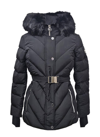 Michael Kors - Women's Belted Down Chevron Scutab Stretch Quilted Faux Fur Coat Jacket