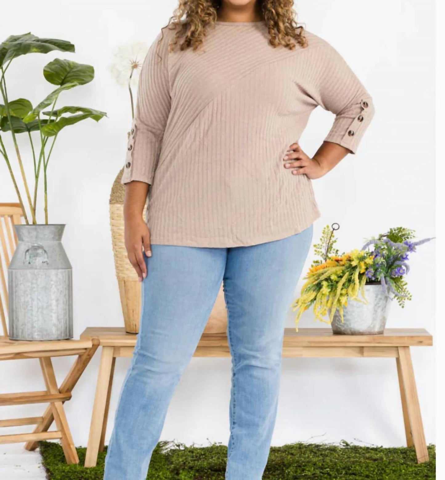 Perseption Concept - Plus Size - Button Sleeve Doman Knit Top