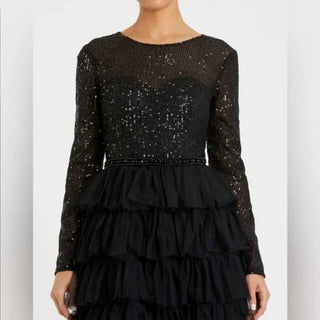Mac Duggal - Vestido midi de manga comprida com babados e camadas