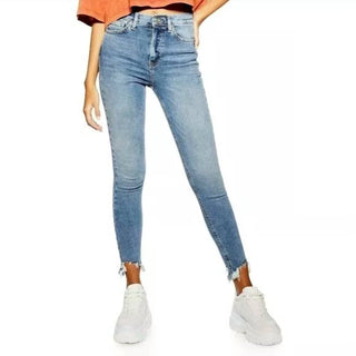 Topshop - Calça Jeans Skinny Jamie Cintura Alta Denim Elástico Bainhas Mastigadas