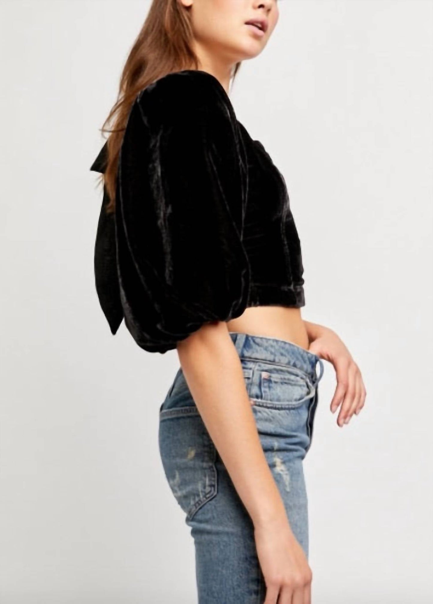 Free People - Velvet Open Back Balloon Sleeve Crop Top